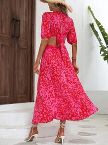 Breezaya 滿版印花腰部鏤空泡泡袖連衣裙 - 粉色 - 查看 2