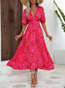 Breezaya 滿版印花腰部鏤空泡泡袖連衣裙 - 粉色 - 查看 3