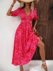 Breezaya 滿版印花腰部鏤空泡泡袖連衣裙 - 粉色 - 查看 4