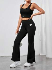 SHEIN PETITE Quần nữ Đắp vá Chia Lá thư Giải trí - màu đen - Xem 3