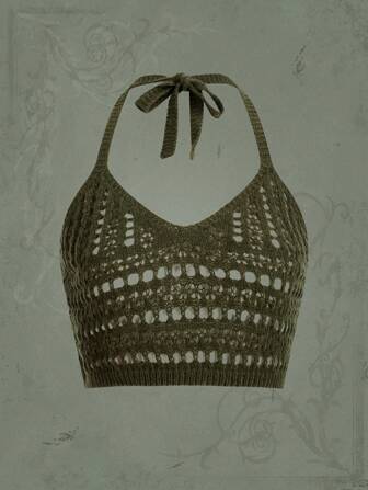 Top en tricot unicolore ajouré ras-du-cou