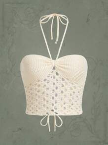ROMWE Hippie Hollow Out Tie Backless Halter Knit Top - Beige - View 1