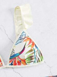Tropical Print Ruffle Trim Bikini Set With Beach Skirt - Multicolor - View 3