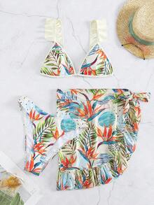 Tropical Print Ruffle Trim Bikini Set With Beach Skirt - Multicolor - View 5