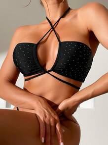 水鑽裝飾掛脖比基尼上衣 - 黑色 - 查看 1