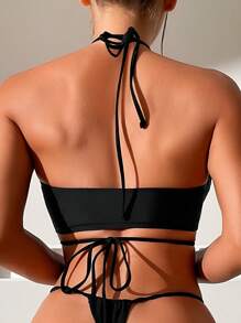 水鑽裝飾掛脖比基尼上衣 - 黑色 - 查看 2