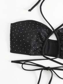 水鑽裝飾掛脖比基尼上衣 - 黑色 - 查看 3