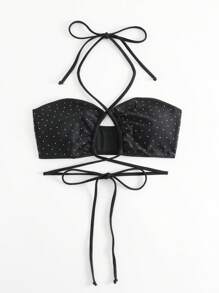 水鑽裝飾掛脖比基尼上衣 - 黑色 - 查看 4