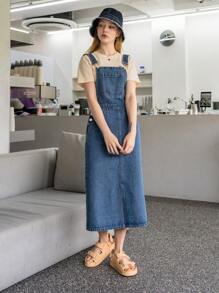 DAZY Vestido de mezclilla de tirantes de frente dividido de unicolor - Azul lavado medio - Ver 4