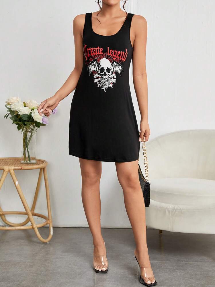SHEIN PETITE Robe Sans Manches Motif Tête De Mort Et Lettre - Noir - Voir 3