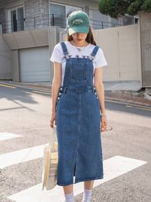 DAZY Vestido de mezclilla de tirantes de frente dividido de unicolor - Azul lavado medio - Ver 5