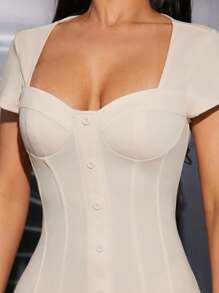 SHEIN PETITE Sweetheart Neck Button Front Bustier Dress - Beige - View 3
