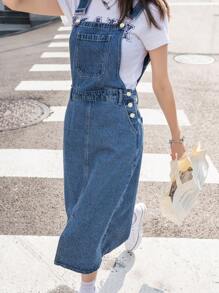 DAZY Vestido de mezclilla de tirantes de frente dividido de unicolor - Azul lavado medio - Ver 8