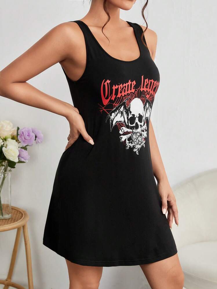 SHEIN PETITE Robe Sans Manches Motif Tête De Mort Et Lettre - Noir - Voir 5