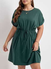 SHEIN Frenchy Plus Solid Drawstring Waist A-line Dress - Dark Green - View 1