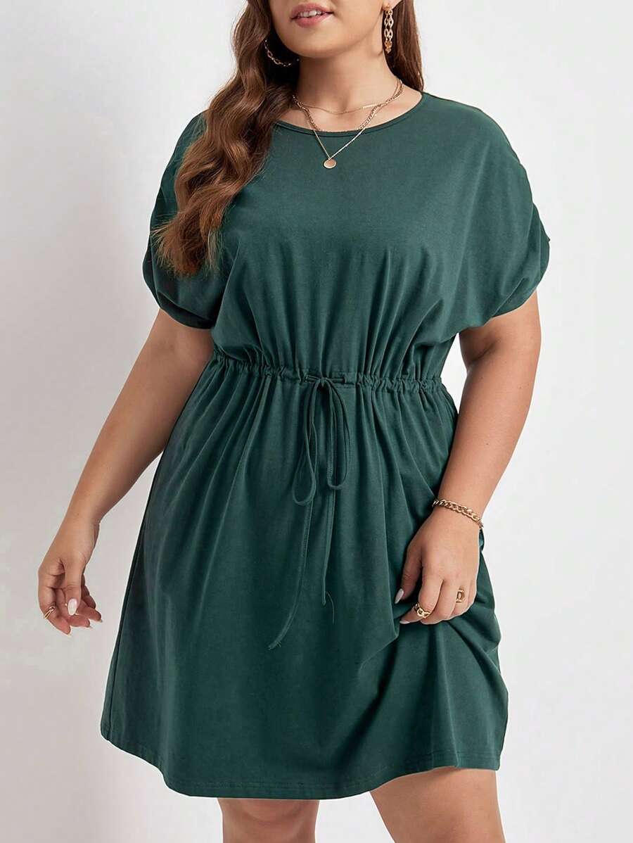 SHEIN Frenchy Plus Solid Drawstring Waist A-line Dress - Dark Green - View 1