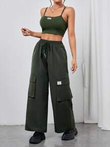 SHEIN PETITE Letter Patched Crop Cami Top & Drawstring Waist Cargo Pants