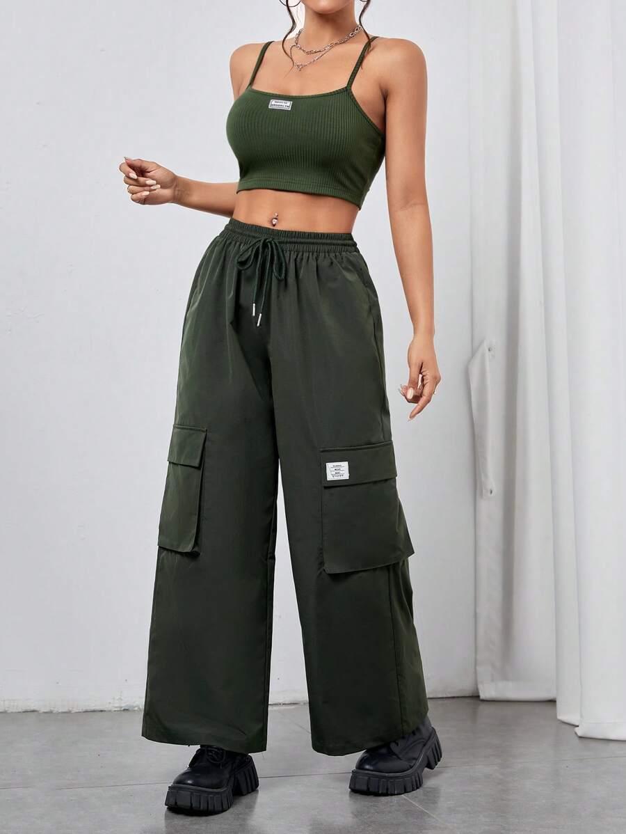 SHEIN PETITE Letter Patched Crop Cami Top & Drawstring Waist Cargo Pants