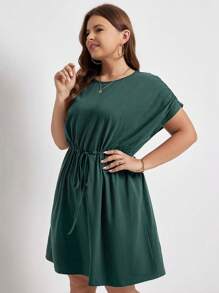 SHEIN Frenchy Plus Solid Drawstring Waist A-line Dress - Dark Green - View 4