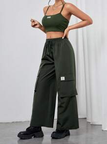 SHEIN PETITE Letter Patched Crop Cami Top & Drawstring Waist Cargo Pants