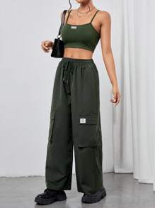 SHEIN PETITE Letter Patched Crop Cami Top & Drawstring Waist Cargo Pants