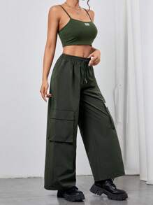 SHEIN PETITE Letter Patched Crop Cami Top & Drawstring Waist Cargo Pants