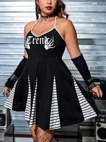 ROMWE PUNK Plus Rock Letter Graphic Contrast Binding Halter Neck Dress Without Gloves - Black - View 1