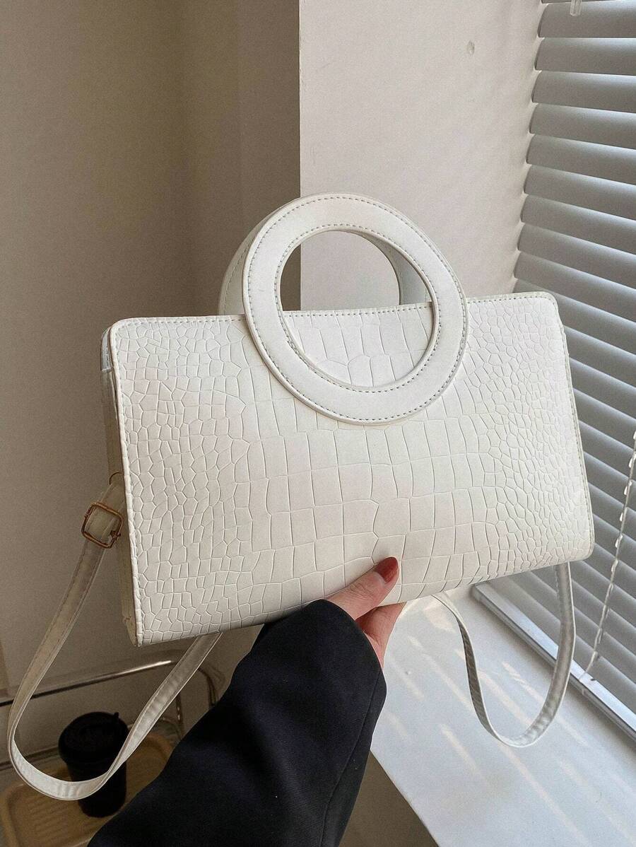Crocodile Embossed Square Bag Double Handle - White - View 1