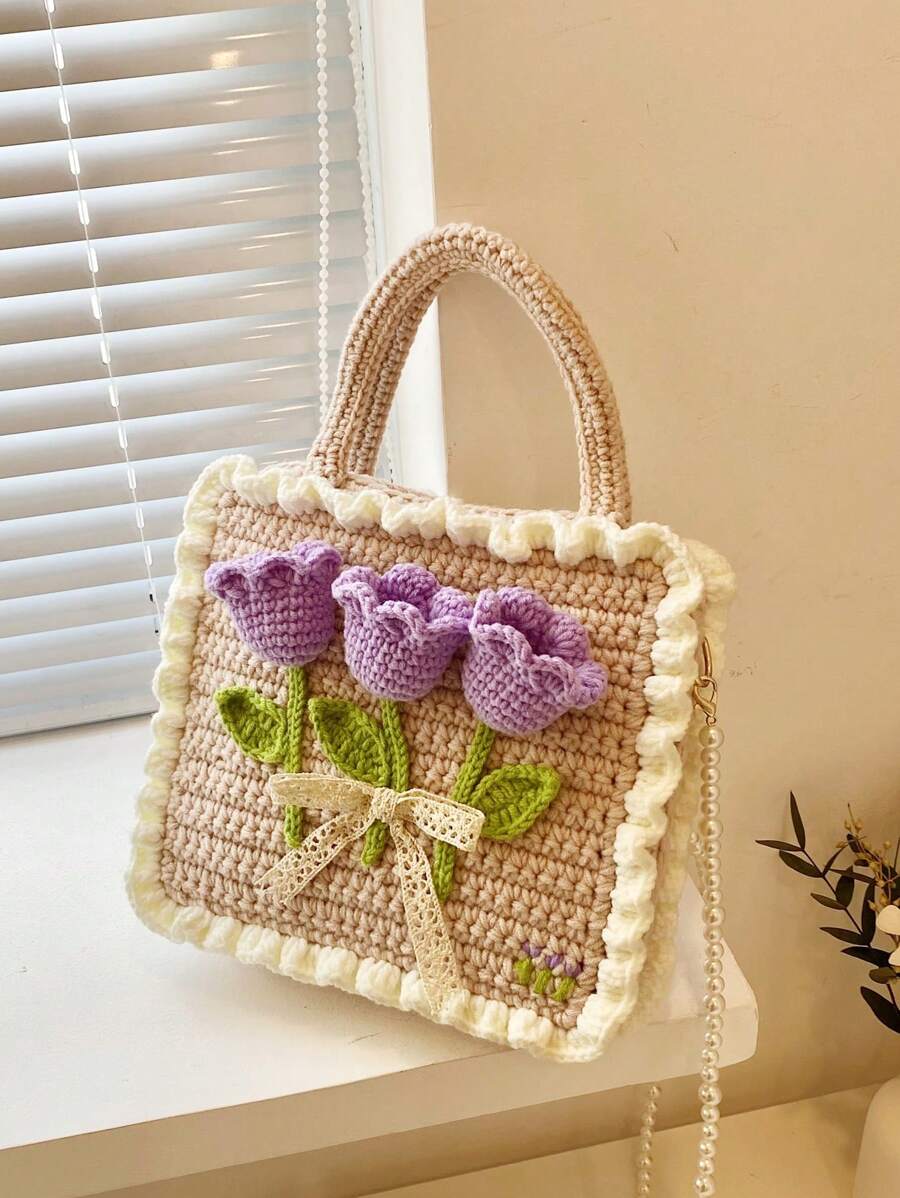 Flower Embellished Crochet Knitted Patchwork Sweet Bucket Bag With Zipper, Women's Handbag