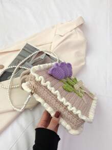 Flower Embellished Crochet Knitted Patchwork Sweet Bucket Bag With Zipper, Women's Handbag