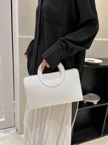 Crocodile Embossed Square Bag Double Handle - White - View 7