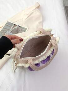 Flower Embellished Crochet Knitted Patchwork Sweet Bucket Bag With Zipper, Women's Handbag