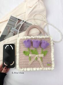Flower Embellished Crochet Knitted Patchwork Sweet Bucket Bag With Zipper, Women's Handbag