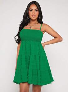SHEIN PETITE Vestido de tirantes unicolor bajo con fruncido - Verde - Ver 3