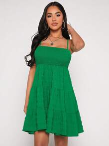 SHEIN PETITE Vestido de tirantes unicolor bajo con fruncido - Verde - Ver 4
