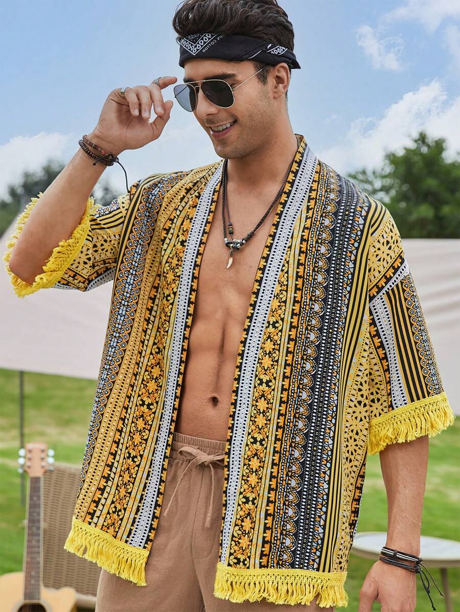 GENTILAND Kimono họa tiết hình học rộng rãi có viền tua rua cho nam - Nhiều màu - Xem 1