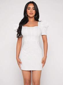 SHEIN PETITE Square Neck Puff Sleeve Jacquard Bodycon Dress - White - View 1
