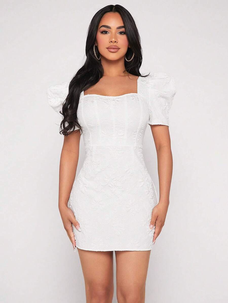 SHEIN PETITE Square Neck Puff Sleeve Jacquard Bodycon Dress - White - View 1