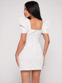 SHEIN PETITE Square Neck Puff Sleeve Jacquard Bodycon Dress - White - View 2
