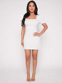 SHEIN PETITE Square Neck Puff Sleeve Jacquard Bodycon Dress - White - View 3