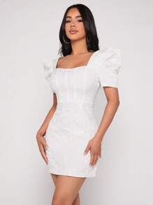 SHEIN PETITE Square Neck Puff Sleeve Jacquard Bodycon Dress - White - View 4
