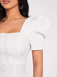 SHEIN PETITE Square Neck Puff Sleeve Jacquard Bodycon Dress - White - View 5