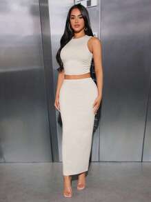 SHEIN PETITE Solid Crop Tank Top & Pencil Skirt - Beige - View 4