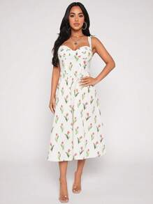 SHEIN PETITE Đầm Lộ Lưng Dây kéo Nếp gấp Phần Ngực Hoa Tất cả trên in Boho - trắng - Xem 1