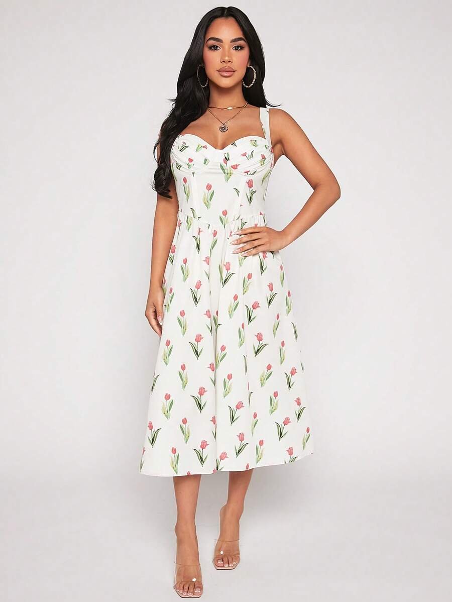 SHEIN PETITE Đầm Lộ Lưng Dây kéo Nếp gấp Phần Ngực Hoa Tất cả trên in Boho - trắng - Xem 1