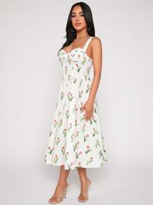 SHEIN PETITE Đầm Lộ Lưng Dây kéo Nếp gấp Phần Ngực Hoa Tất cả trên in Boho - trắng - Xem 3