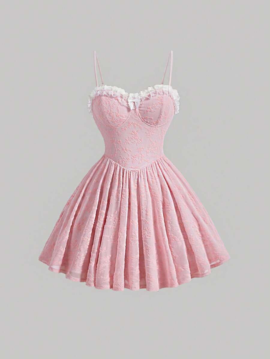 SHEIN MOD 蕾絲拼接前蝴蝶結吊帶洋裝 - 淺粉色 - 查看 1