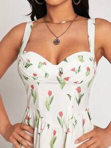 SHEIN PETITE Đầm Lộ Lưng Dây kéo Nếp gấp Phần Ngực Hoa Tất cả trên in Boho - trắng - Xem 5