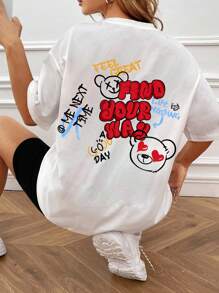 SHEIN EZwear Camiseta de manga corta de hombros caídos con estampado de oso graffiti y letras en inglés, casual y oversize, adecuada para el verano, unisex - Blanco - Ver 1