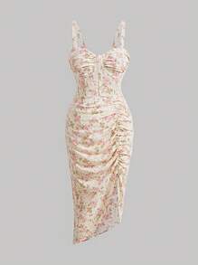 SHEIN MOD Đầm Plus Size Bất đối xứng Xù Dải chun Tách cao Hoa Tất cả trên in Boho - Nhiều màu - Xem 1